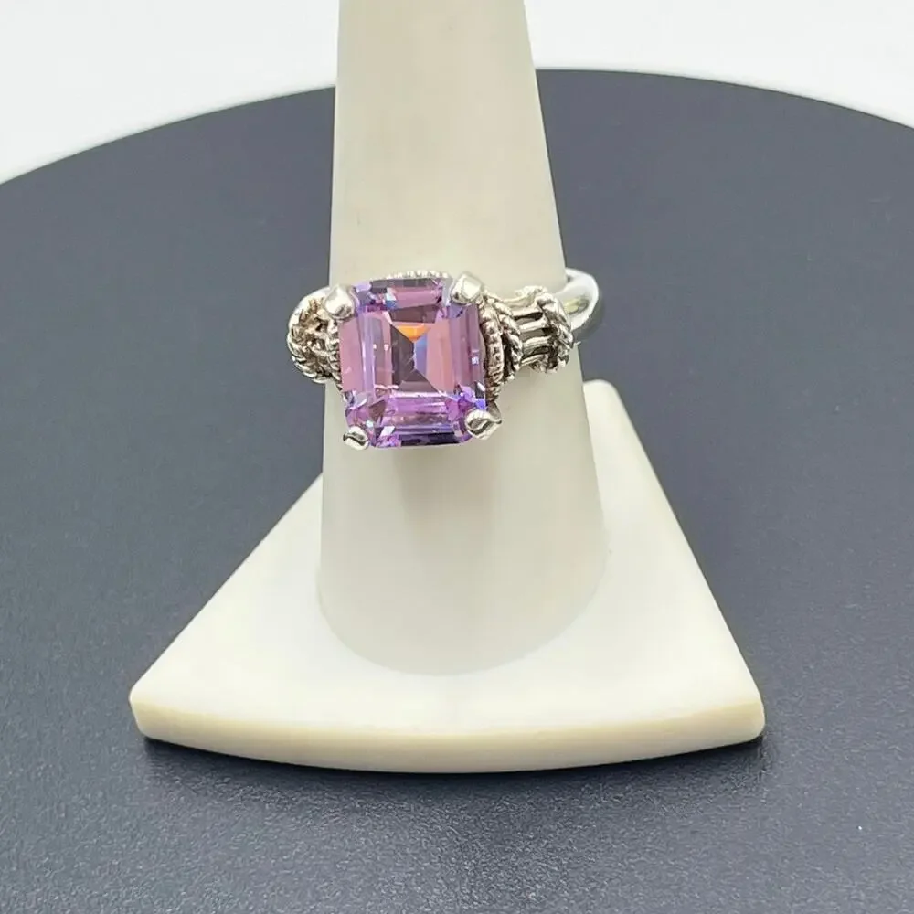 Designer 925 Sterling Silver Large Rectangle Cut‎ Purple Blue Prong CZ Ring Sz 9
